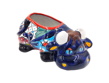 Mexican Talavera Resting Cow Planter Pot Hand Painted - Dark Blue Body Color